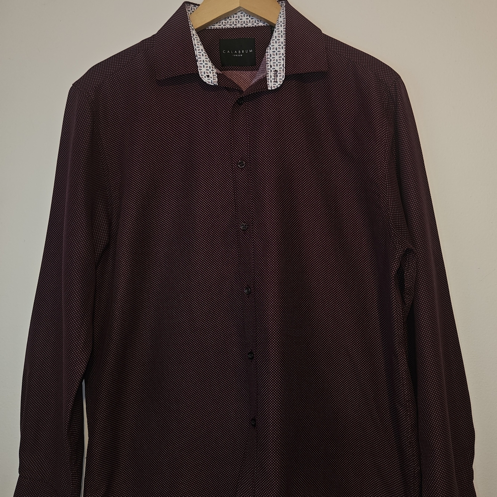 Calabrum London Purple With White Dots Button Down Dress Shirt, Size M 15-15.5
